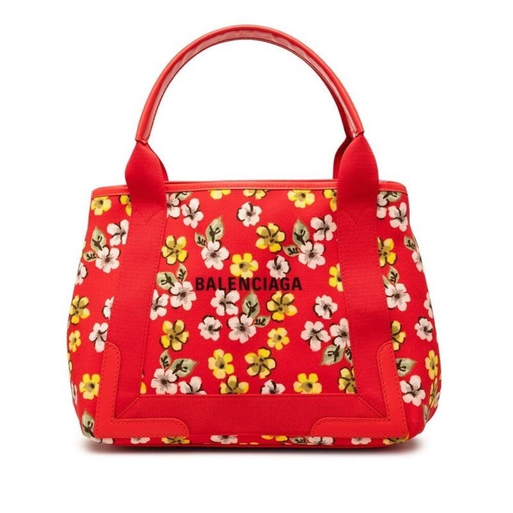 Balenciaga Canvas Leather Cabas Flower Motif Tote Bag Red